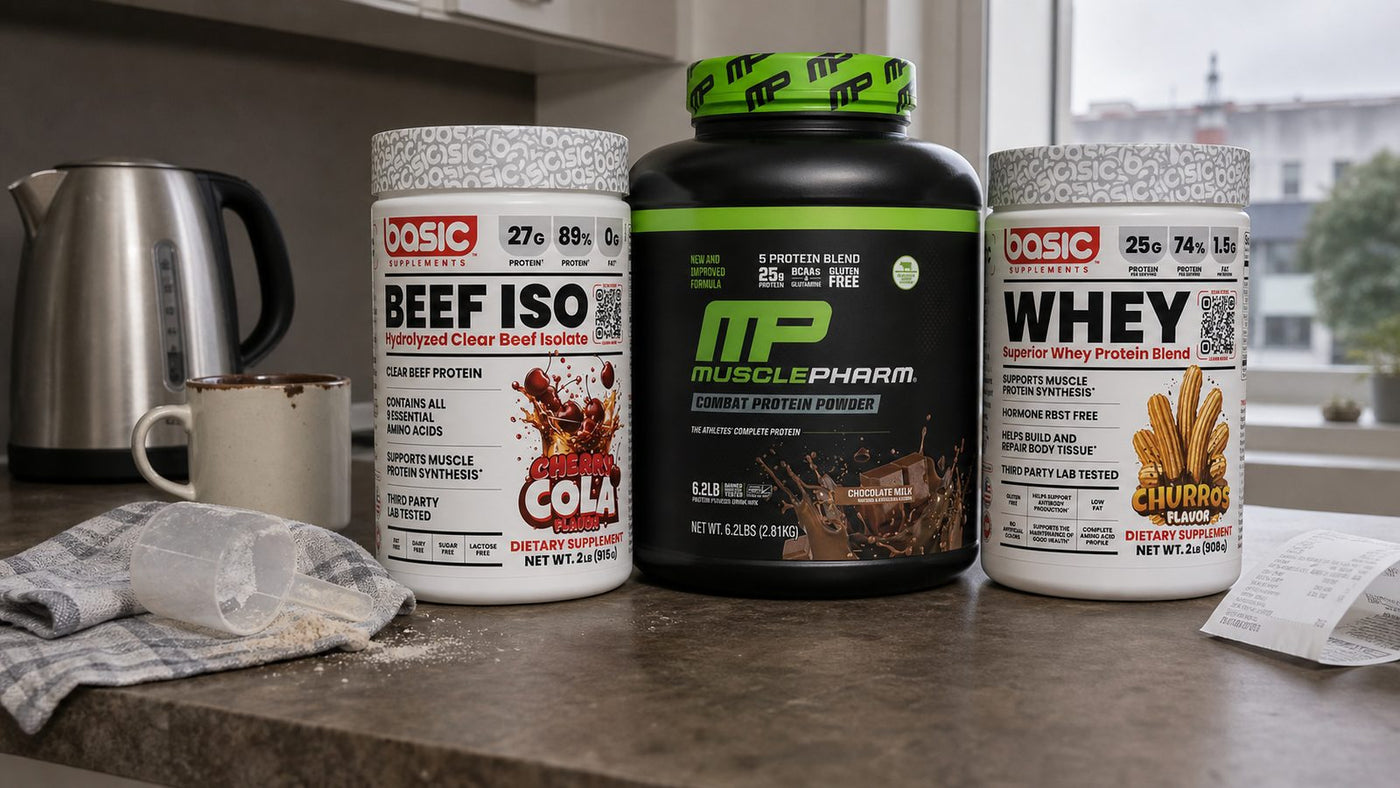 Cheapest Protein Powder NZ - Basic Supplements Beef Isolate - Cherry Cola, MusclePharm Combat 100% Whey - Chocolate, Basic Supplements Whey - Churros