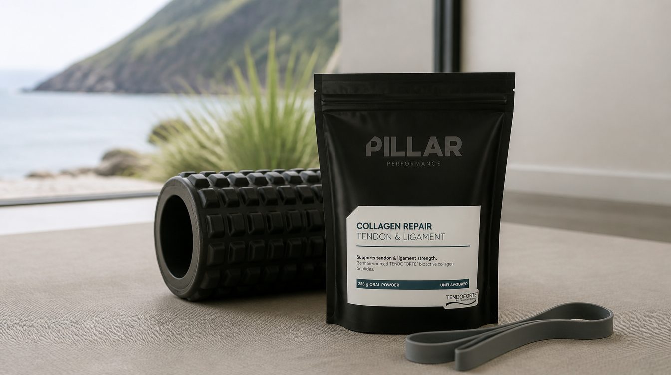 Pillar Collagen Repair tub beside a foam roller and a resistance band on a physio mat