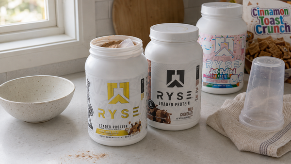 Range of Ryse Loaded Protein tubs in different dessert flavours