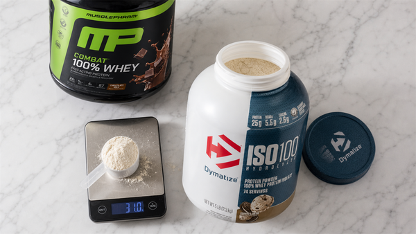 Open Dymatize ISO100 tub with a heaped scoop of whey protein on a digital scale next to a MusclePharm Combat tub