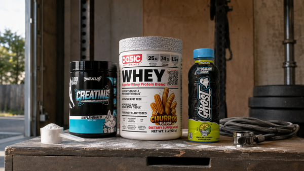 CrossFit supplement stack with creatine, pre-workout, hydration and protein