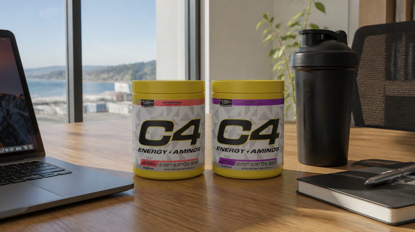C4 Energy + Amino Watermelon and Grape tubs on an office desk beside a drink bottle and laptop