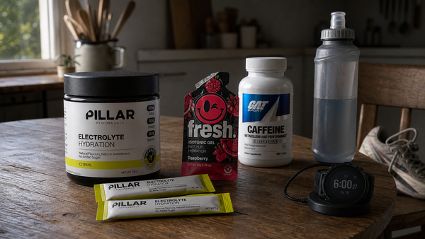 Intra-workout, electrolytes, whey protein, magnesium and omega-3 laid out for marathon training