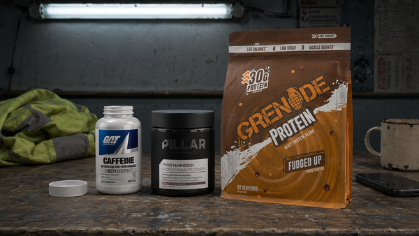 Energy drink, magnesium, RTD protein and vitamin C set up for a night shift worker