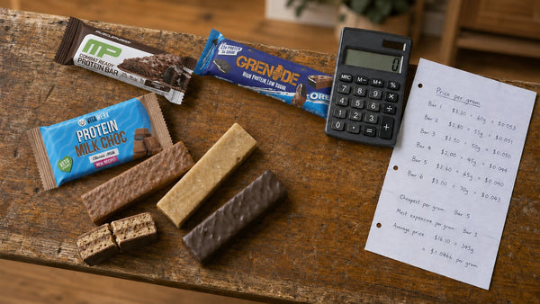 MusclePharm, Grenade and Vitawerx protein bars with a calculator and handwritten price comparison
