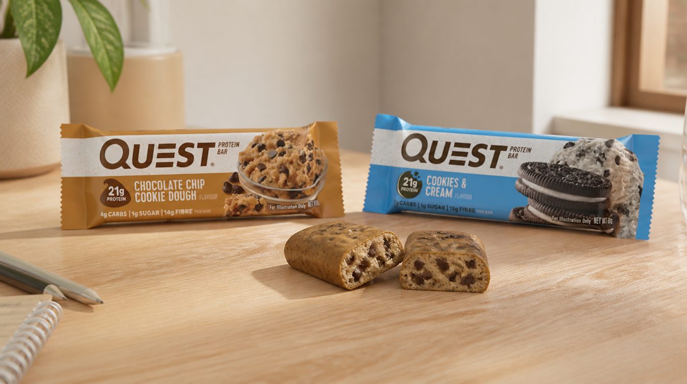 Quest protein bars in Choc Chip Cookie Dough and Cookies N Cream spread on a desk, one unwrapped and cut in half