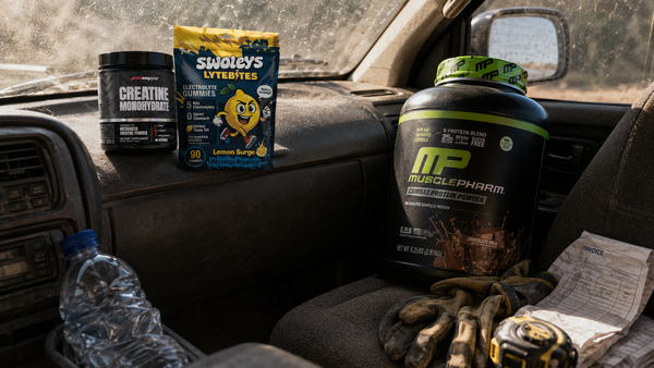 Energy drink, electrolytes, protein bar, omega-3 and magnesium for a tradie on the tools