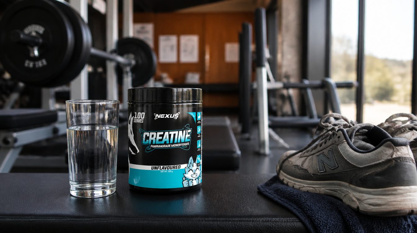 A tub of creatine monohydrate and a glass of water on a bench in a community gym, with an older lifter's shoes in frame