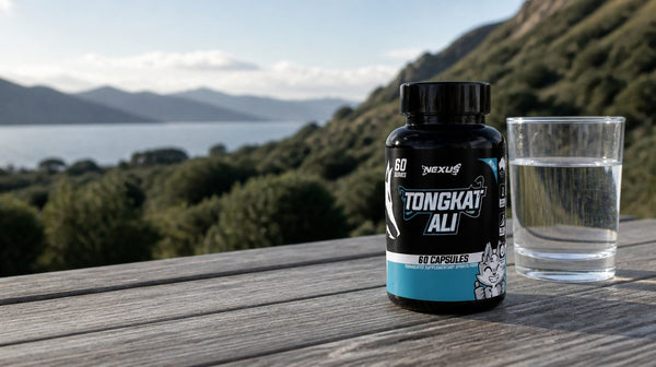 Nexus Tongkat Ali capsule bottle on a wooden bench beside a glass of water in calm morning light