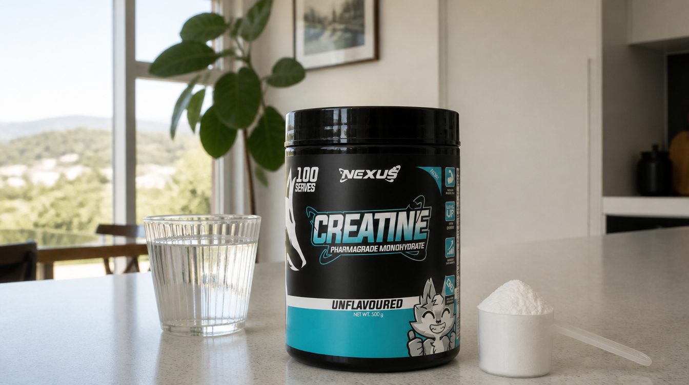 A flat white beside a scoop of Nexus Creatine Monohydrate on a home bench in morning light