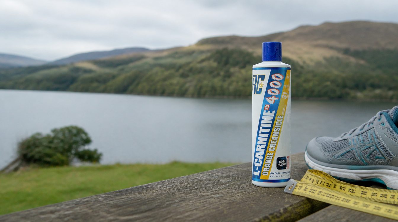 Ronnie Coleman L-Carn XS 4000 liquid carnitine bottle on a bench beside running shoes and a tape measure