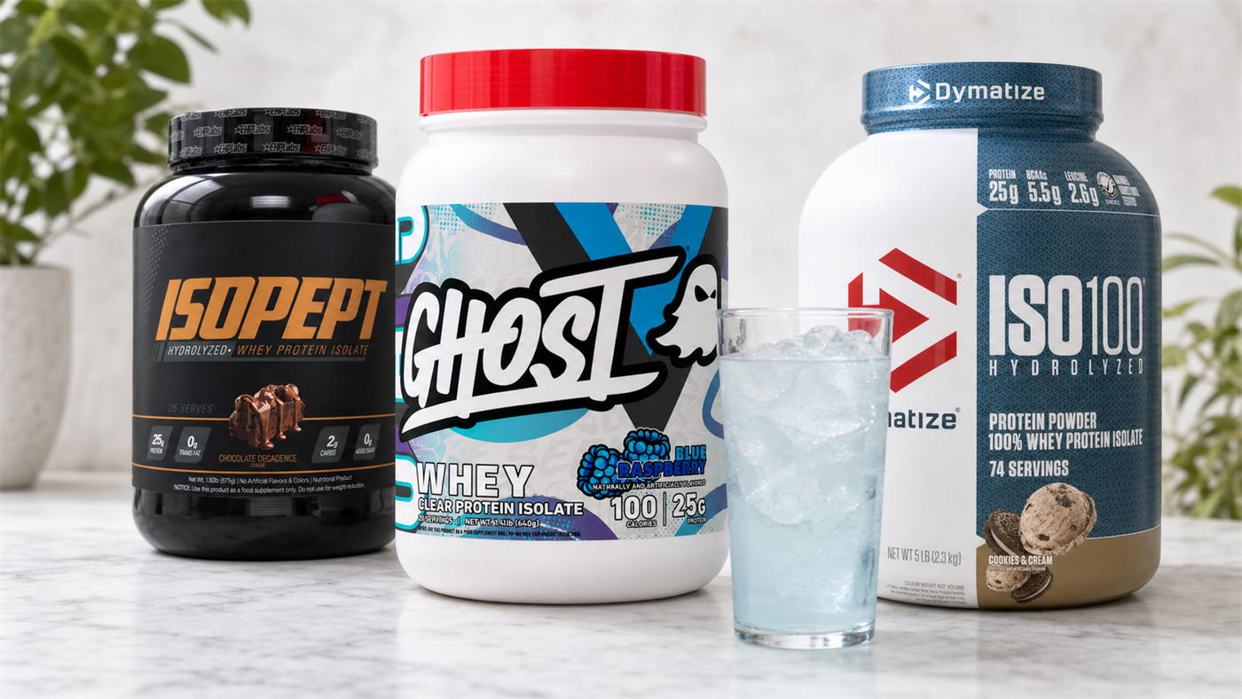 Ghost Clear Whey, EHPlabs IsoPept Zero and Dymatize ISO100 lean protein powders with a glass of clear whey over ice
