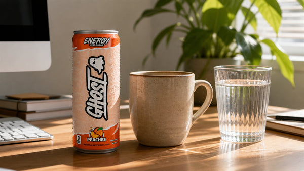 Cold Ghost Energy Peaches can compared with coffee and water in a sunny home office