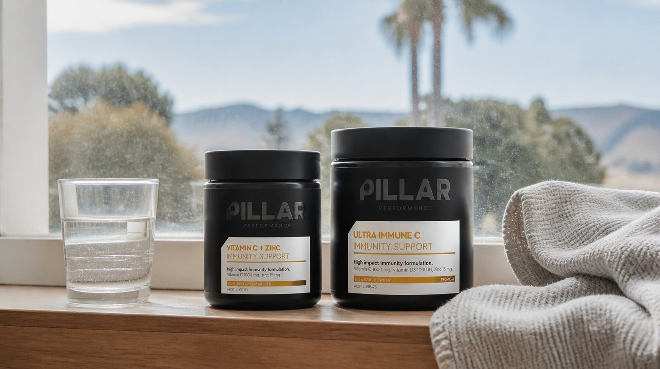 Pillar Performance Vitamin C + Zinc and Ultra Immune C on a kitchen windowsill with a glass of water