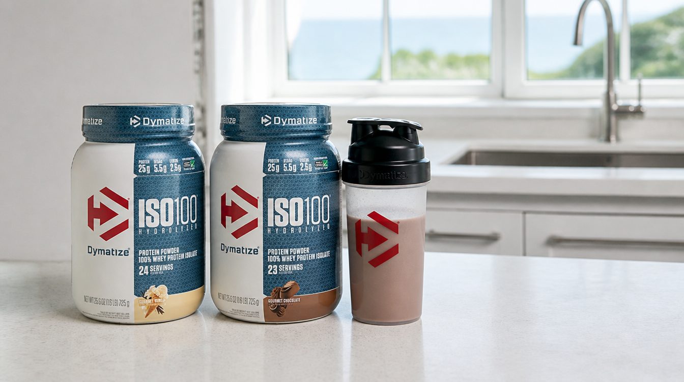 Dymatize ISO100 Gourmet Vanilla and Gourmet Chocolate tubs beside a Ghost Hot Cocoa Mix pouch