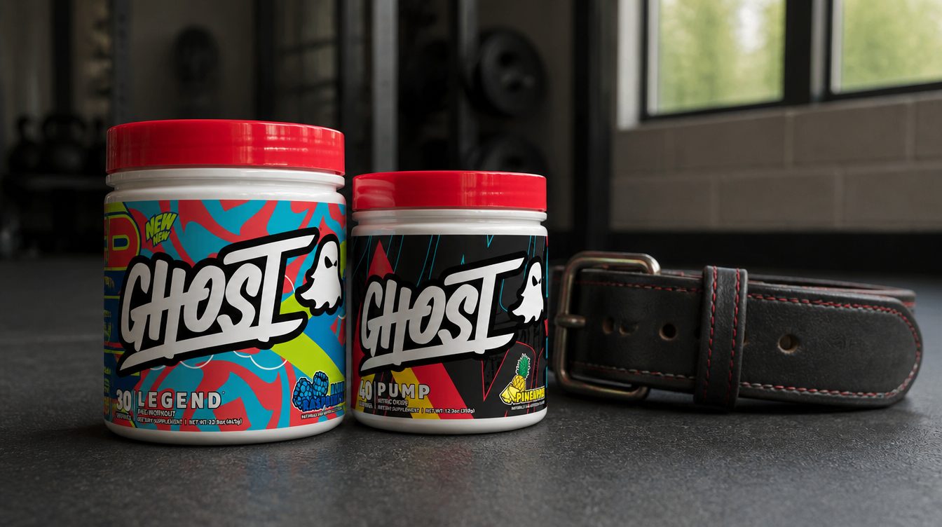 Ghost Legend V4 and Ghost Pump V2 pre-workout tubs side by side on a gym floor next to a lifting belt