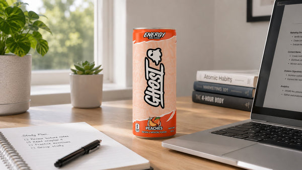 Ghost Energy Peaches can on a study desk with a laptop, notebook and books, for a work or study energy break