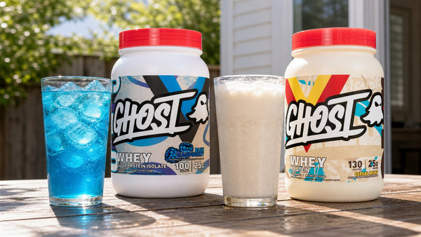 Ghost Clear Whey Blue Raspberry over ice compared with a creamy Ghost Whey shake