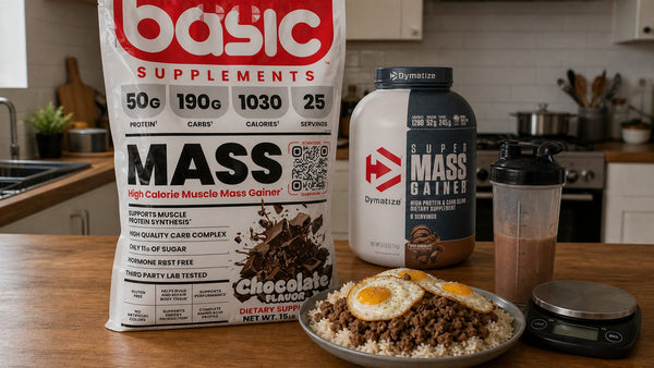 Basic Supplements and Dymatize mass gainers beside a large meal, chocolate shake and kitchen scales