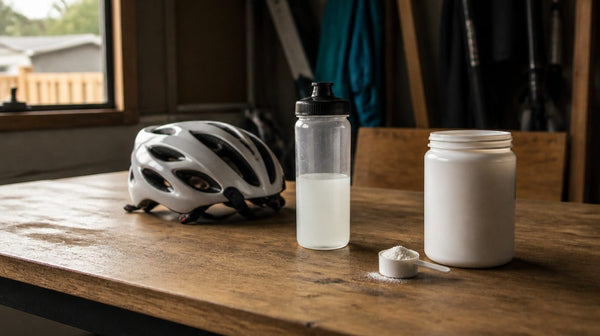 Tub of GAT Sport Essential Cyclic Dextrin beside a cycling drink bottle and a road bike helmet in a garage