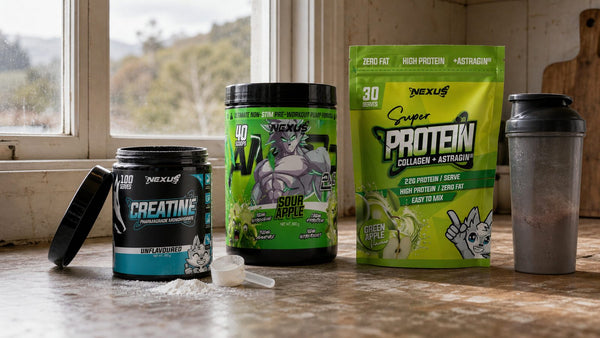 Nexus Sports Nutrition NZ - Nexus Creatine Monohydrate - Unflavoured, Nexus AMP3D 2.0 - Sour Apple, Nexus Super Protein - Green Apple