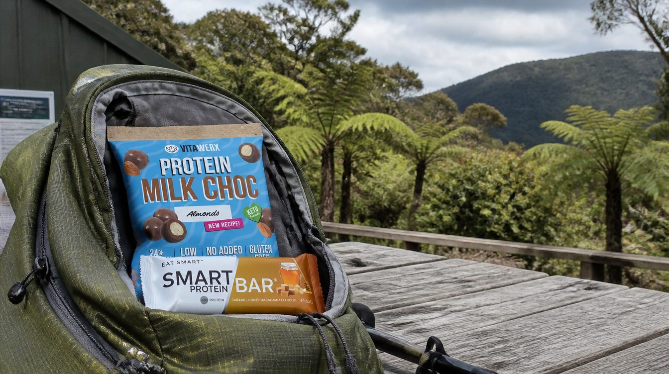 Protein bars, chocolate-coated almonds and energy gels laid out beside a tramping pack on a hut deck