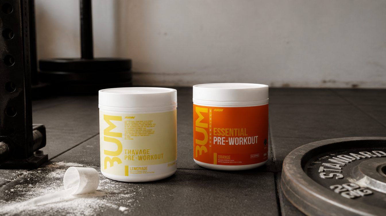 CBUM Thavage and CBUM Essential pre-workout tubs on a gym floor beside chalk and a barbell plate