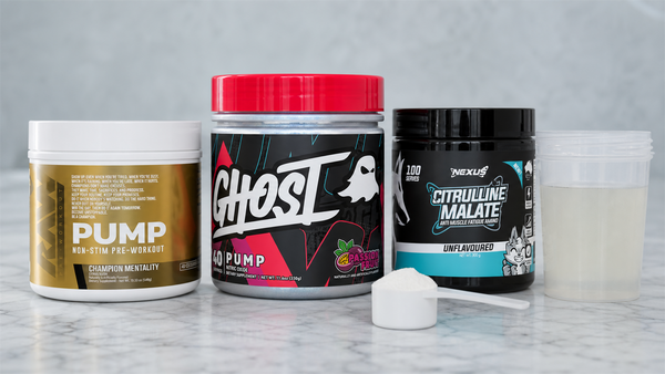 Ghost Pump, Raw Nutrition Pump and Nexus L-Citrulline stim-free pre-workouts with a shaker of mixed drink