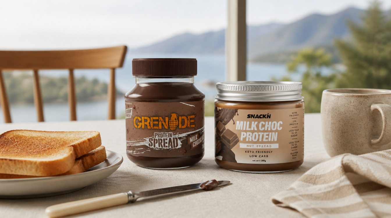 Grenade Milk Chocolate and Vitawerx Milk Choc protein spread jars on a breakfast table with toast and a knife