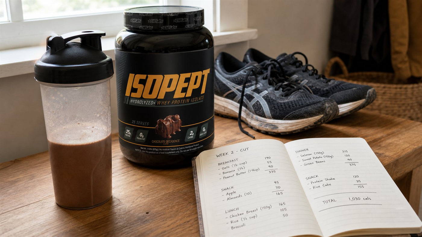 EHP Labs IsoPept Zero protein beside a lean shake, running shoes and handwritten food diary