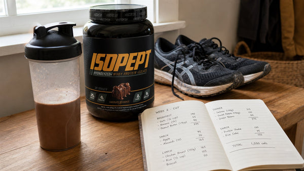 EHP Labs IsoPept Zero protein beside a lean shake, running shoes and handwritten food diary