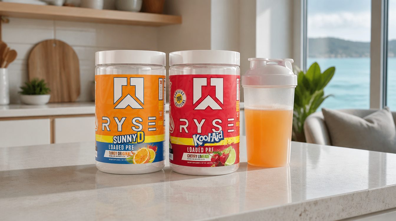 Ryse Loaded Pre SunnyD and Kool-Aid Cherry Lemonade tubs on a kitchen bench beside a shaker of orange drink