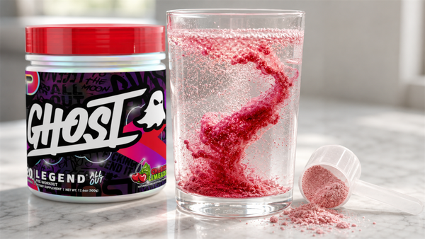 Cherry-red pre-workout powder dissolving in a glass with a Ghost Legend All Out tub behind, showing beta-alanine drink mixing