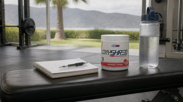 OxyShred tub beside a bottle of water and a training diary on a gym bench in early morning light