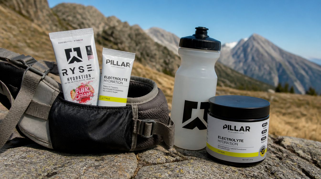 Electrolyte sticks tucked into a hiking pack hip-belt pocket beside a drink bottle on an alpine track under a clear sky