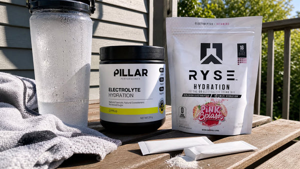 Pillar Performance and RYSE electrolyte sachets beside a cold water bottle on a sunny home deck