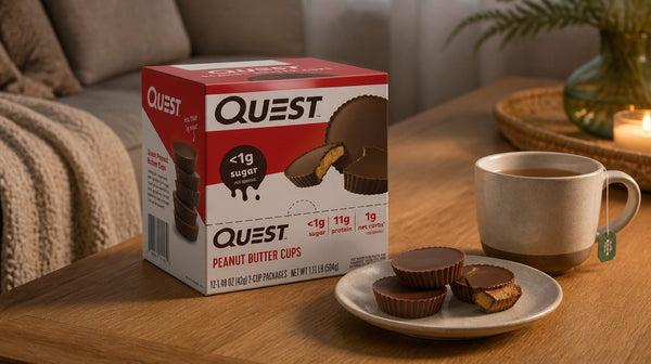 Quest Protein Cravings peanut butter cups on a small plate beside the 12-pack box and a cup of tea