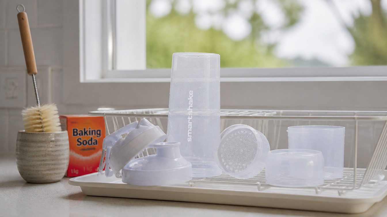 Disassembled SmartShake Original2Go shaker drying upside down on a dish rack beside a bottle brush and baking soda
