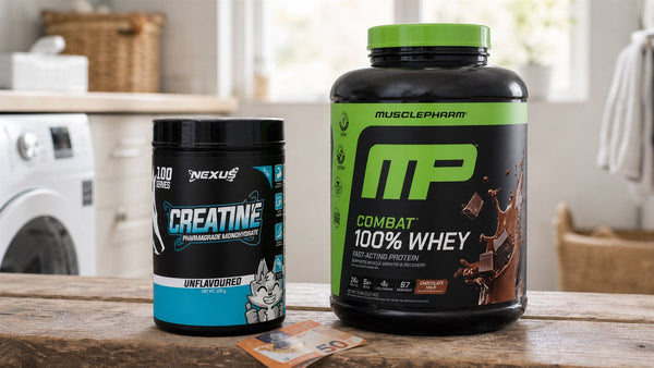 Nexus Creatine Monohydrate and MusclePharm Combat Whey compared with a New Zealand fifty-dollar note
