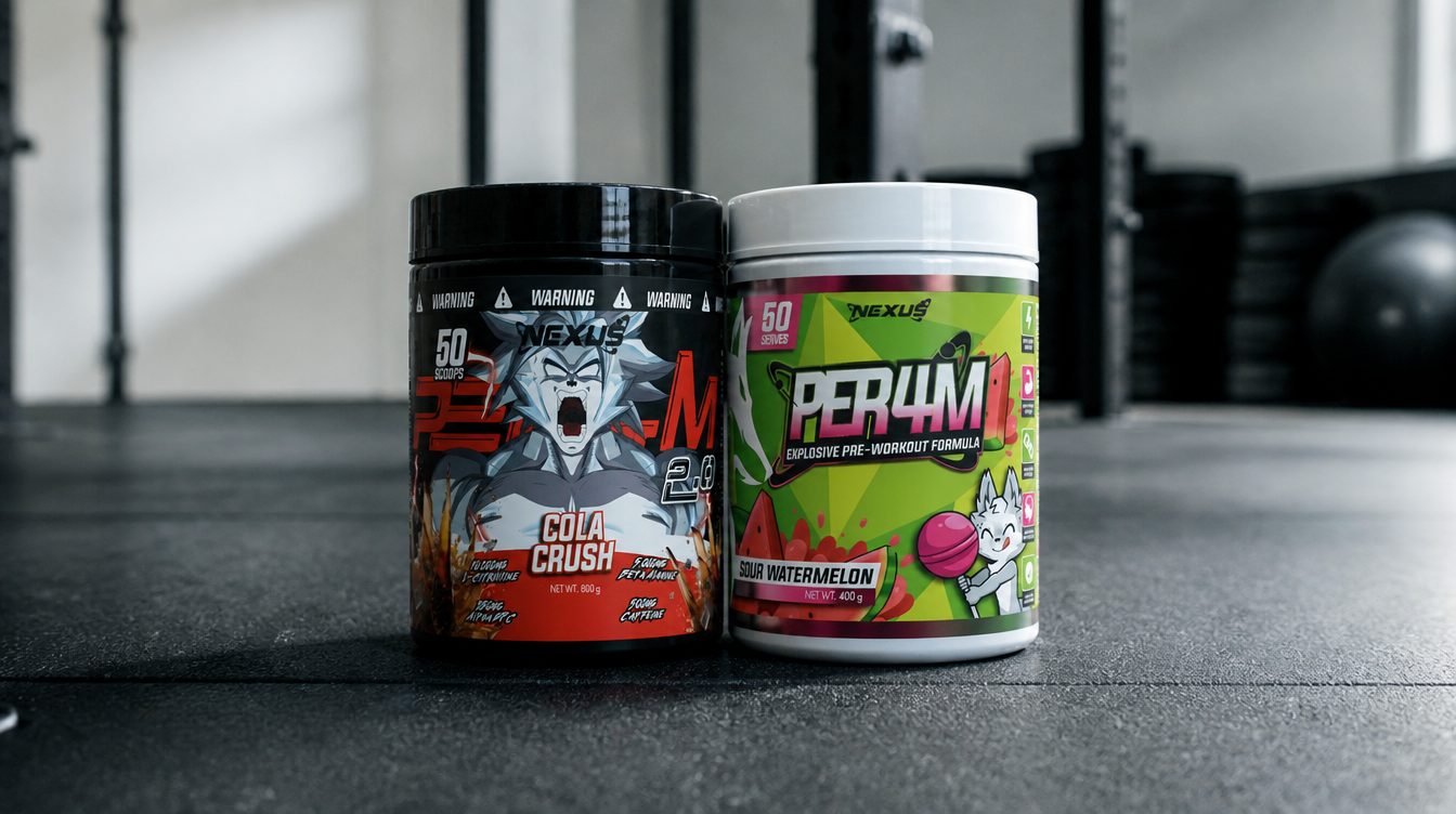 Nexus PER4M and PER4M 2.0 pre-workout tubs side by side on a gym floor with chalk dust