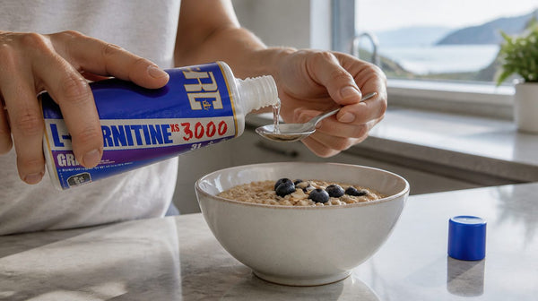 Tablespoon of Ronnie Coleman L-Carn XS 3000 liquid carnitine poured beside a bowl of oats on a kitchen bench