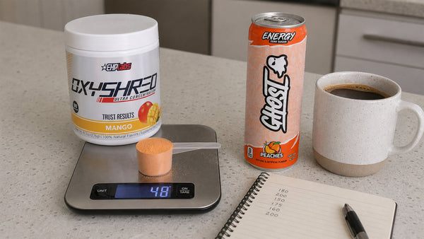 EHP Labs OxyShred Mango powder, Ghost Energy Peaches and coffee arranged as a caffeine comparison