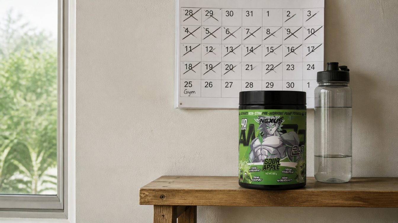 Calendar with crossed-off days above a gym bench holding a stim-free pre-workout tub and a water bottle