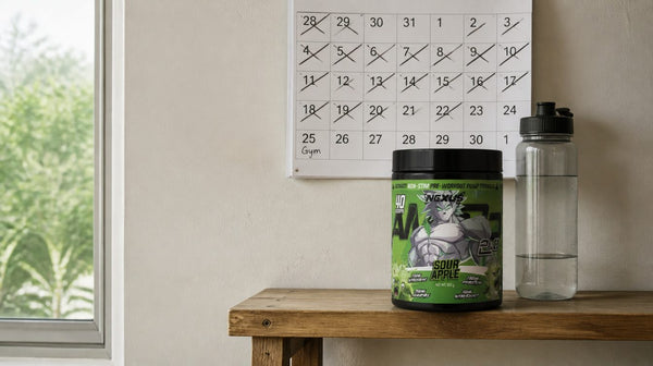Calendar with crossed-off days above a gym bench holding a stim-free pre-workout tub and a water bottle