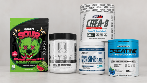 Creatine monohydrate products available in NZ - Swoleys gummy bears, Ryse, EHPlabs Crea-8, Athletech and Cellucor