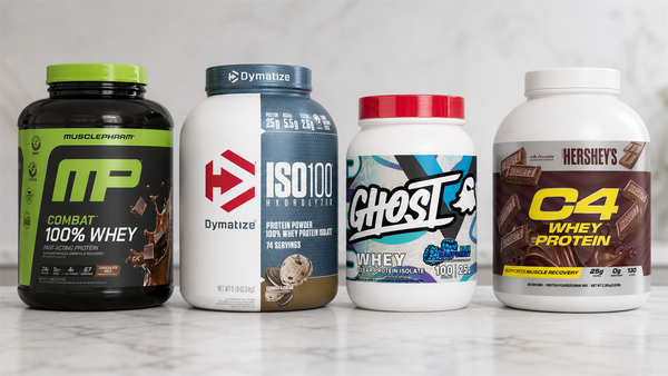 Row of four whey proteins available in NZ: MusclePharm Combat, Dymatize ISO100, Ghost Clear Whey and Cellucor C4 Pro Whey