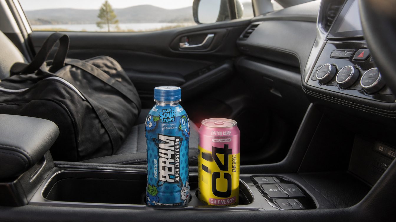 Nexus PER4M RTD bottle and a C4 Carbonated can in a car cup holder next to a gym bag