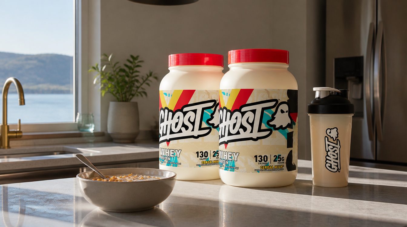 Ghost Whey Choc Chip Cookie and Cereal Milk bags on a kitchen bench beside a bowl of cereal and a shaker