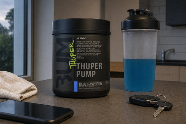 CBUM Thuper Pump Blue Raspberry tub on a kitchen bench beside a shaker in evening light
