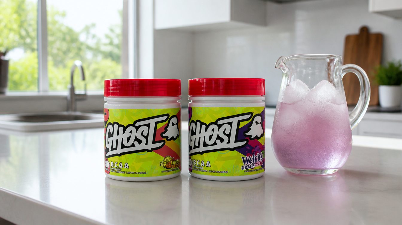 Two Ghost BCAA V2 tubs, Lemon Crush and Welch's Grape Cranberry, on a kitchen bench beside a jug of iced drink